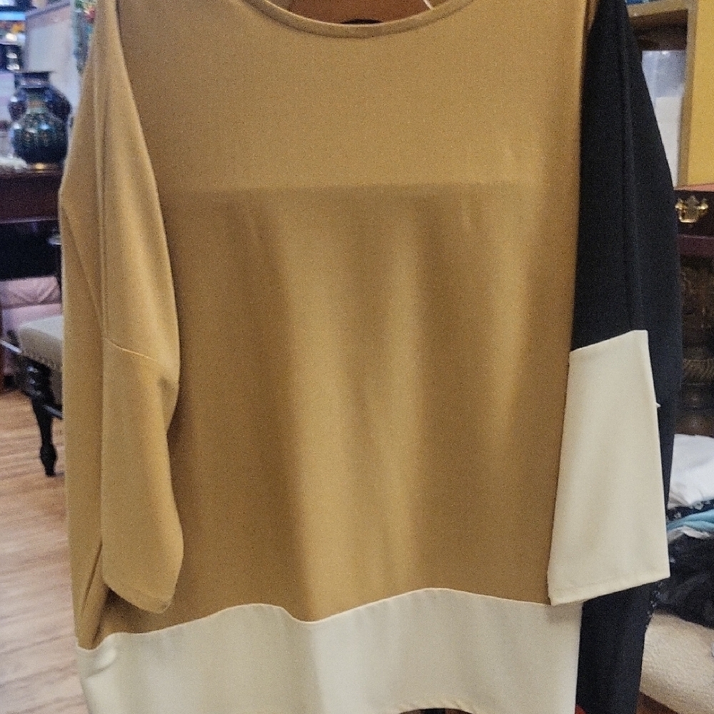Wynne Layers Chic Color Block Blouse - Tan, Black, and Cream